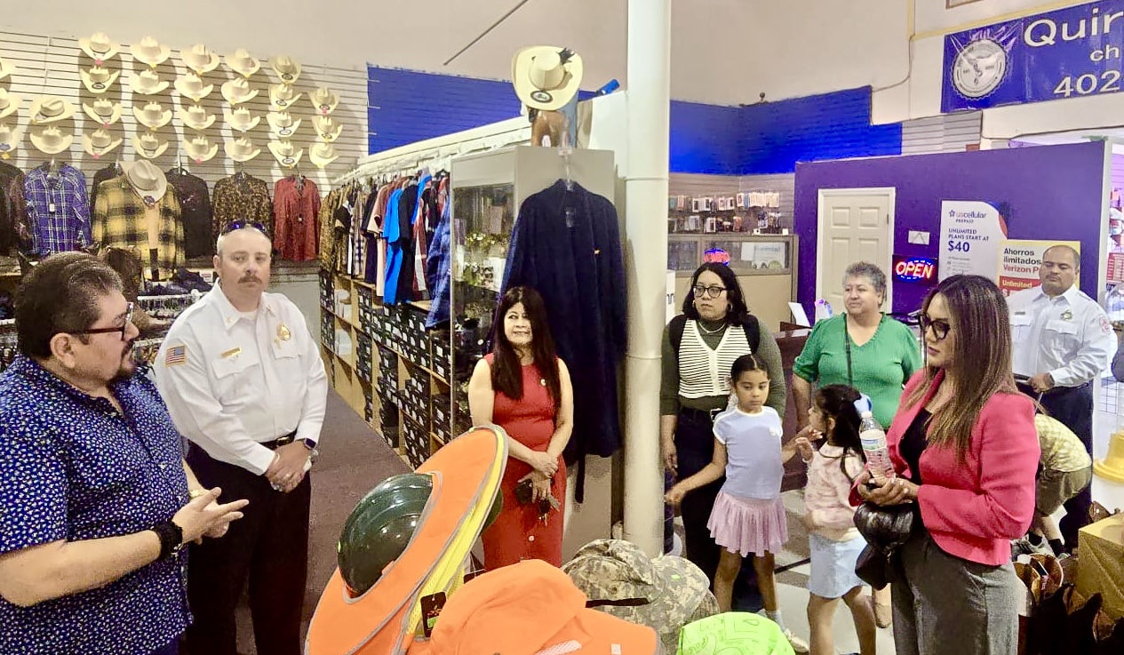 Mayor of Zacapu, Mexico, Mónica Valdez Pulido (in pink jacket on right), tours South Omaha and its Plaza Latina store on the 24th Street commercial corridor, during a visit last week to Nebraska, which marked a donation and new alliance between Columbus, Nebraska, and Zacapu.<br />(Courtesy of Plaza Latina)