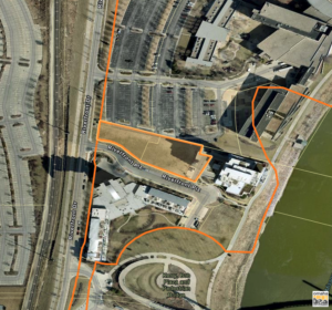 The future Riverplace condominiums site shown here as  a shaded rectangular shape off of Riverfront Drive. (Omaha Planning Department)