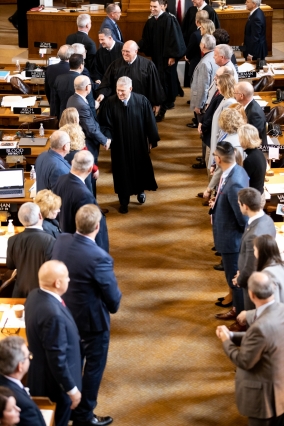 Nebraska Supreme Court Chief Justice Michael Heavican and other members of the court depart the legislative chamber on Wednesday, Jan. 22, 2020. (Courtesy Nebraska Judicial Branch)
