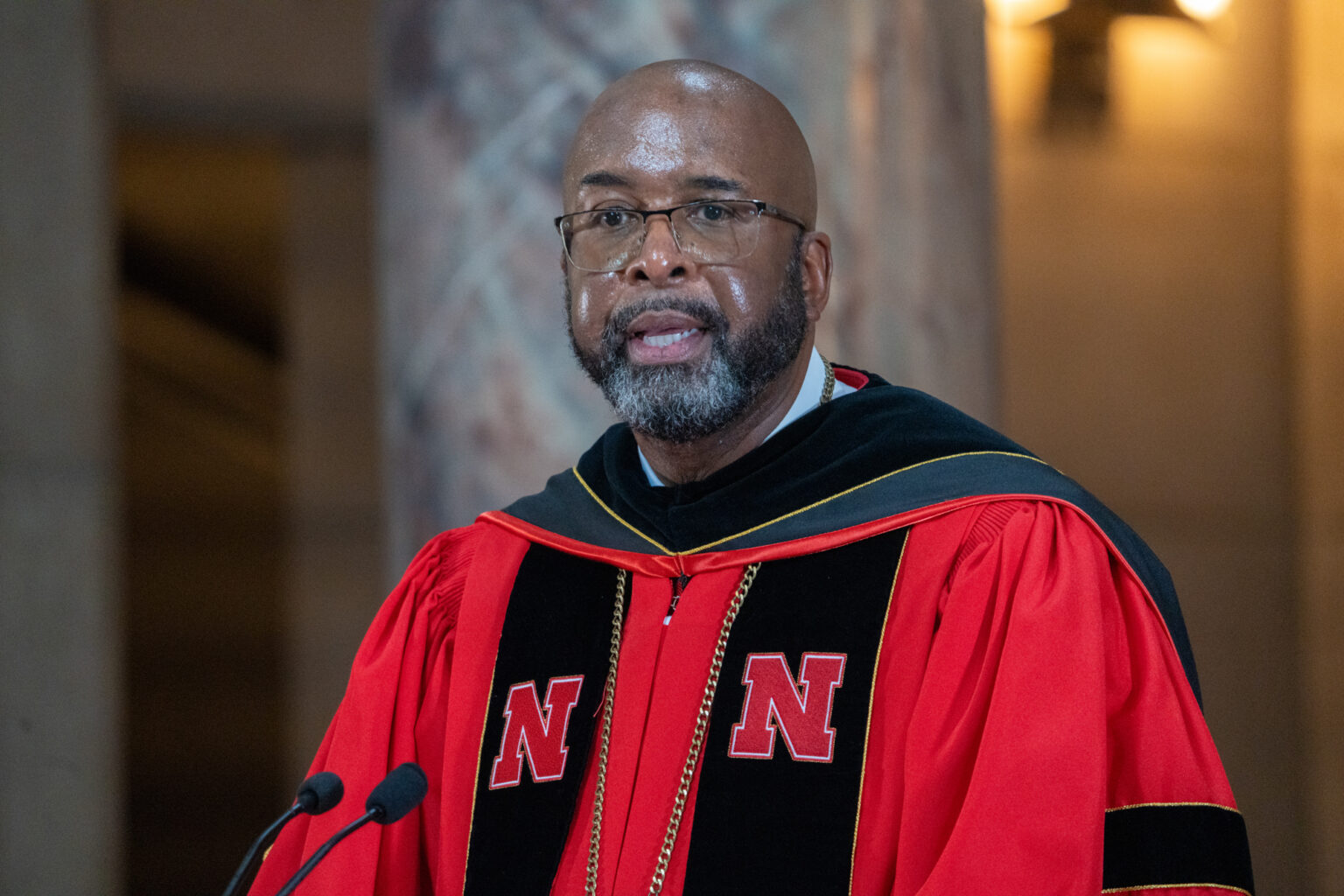 University of Nebraska-Lincoln Chancellor Rodney Bennett speaks at University of Nebraska President Jeffrey Gold’s investiture ceremony, Sept. 5, 2024.<br />(Zach Wendling / Nebraska Examiner)