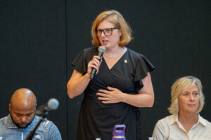 State Sen. Machaela Cavanaugh of Omaha as she lead a listening session for Lincoln residents on property taxes.<br />(Zach Wendling / Nebraska Examiner)