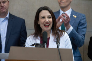 Dr. Elizabeth Constance speaks at a rally for trans youth on Wednesday, Feb. 8, 2023, in the Nebraska State Capitol in Lincoln, Neb. (Zach Wendling / Nebraska Examiner)