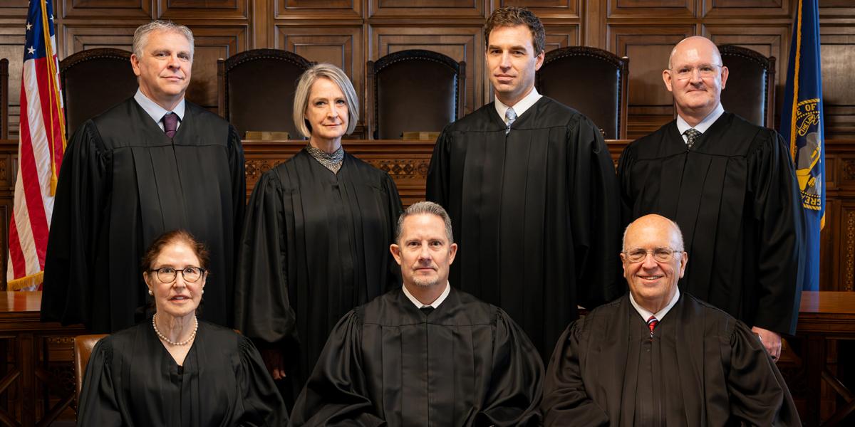 Justices of the Nebraska Supreme Court (and when they were appointed), front row from left: (former justice) Lindsey Miller-Lerman (1998), Chief Justice Jeffrey Funke (appointed 2016, elevated to chief 2024) and William Cassel (2012). Back row, from left: John Freudenberg (2018), Stephanie Stacy (2015), Jonathan Papik (2018) and Jason Bergevin (2025).<br />(Courtesy of the Nebraska Judicial Branch)