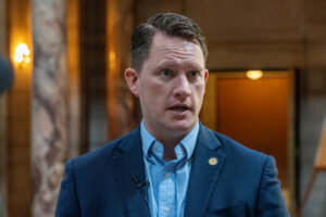 State Sen. Ben Hansen of Blair speaks with reporters, April 17, 2025.<br />(Zach Wendling / Nebraska Examiner)