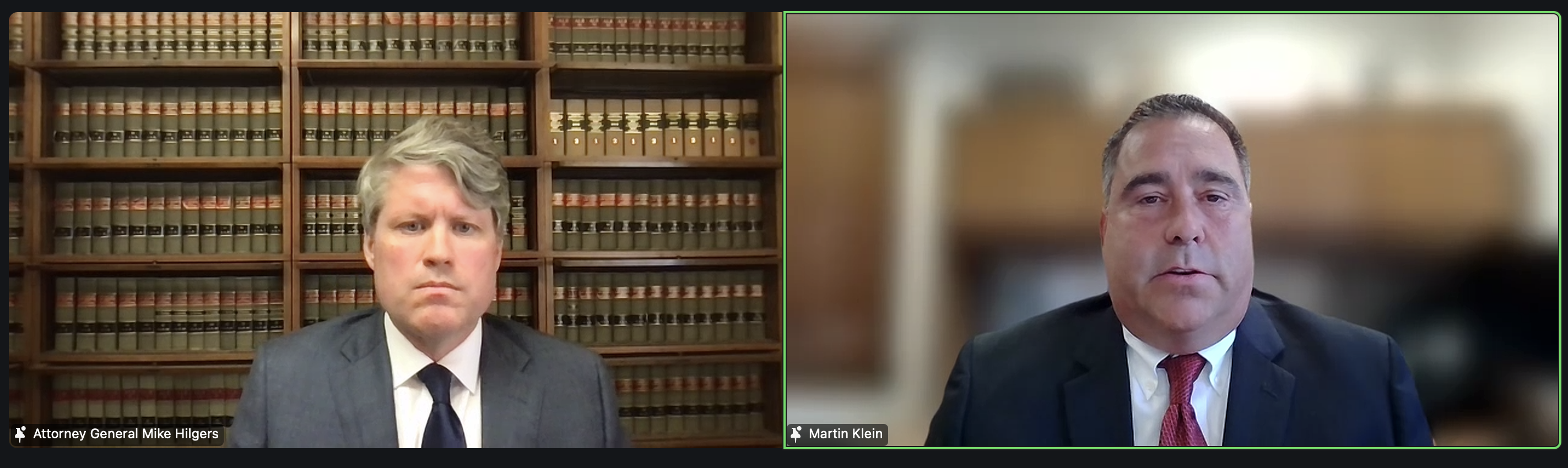 Attorney General Mike Hilgers and Hall County Attorney Marty Klein host a news conference related to a central Nebraska man charged with collecting allegedly fraudulent signatures on two petitions related to medical marijuana earlier in 2024.<br />(Screenshot by Zach Wendling / Nebraska Examiner)