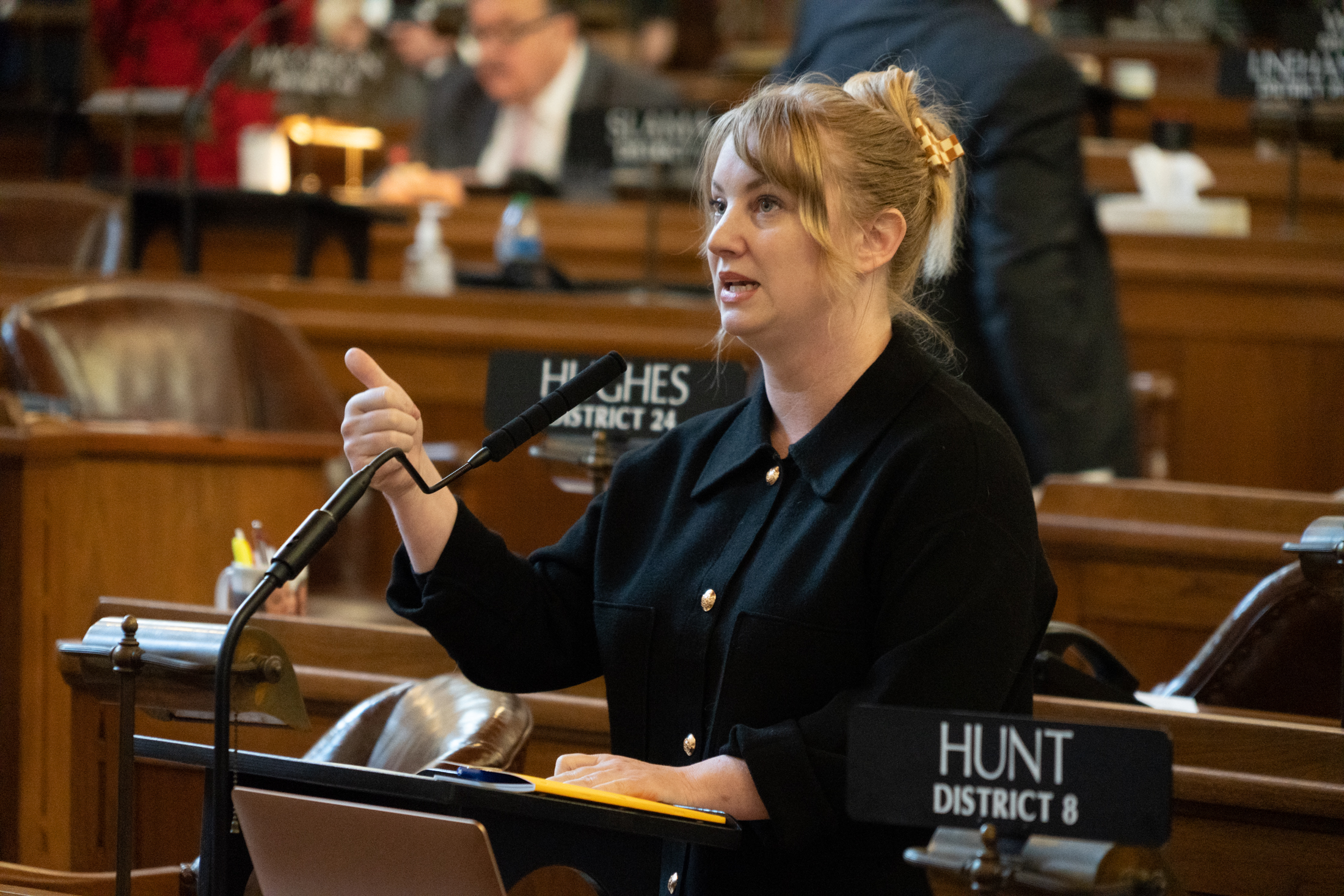 Sen. Megan Hunt of Omaha, a registered Democrat, has positioned herself as leading the opposition to the six-week abortion ban bill.<br />(Zach Wendling / Nebraska News Service)