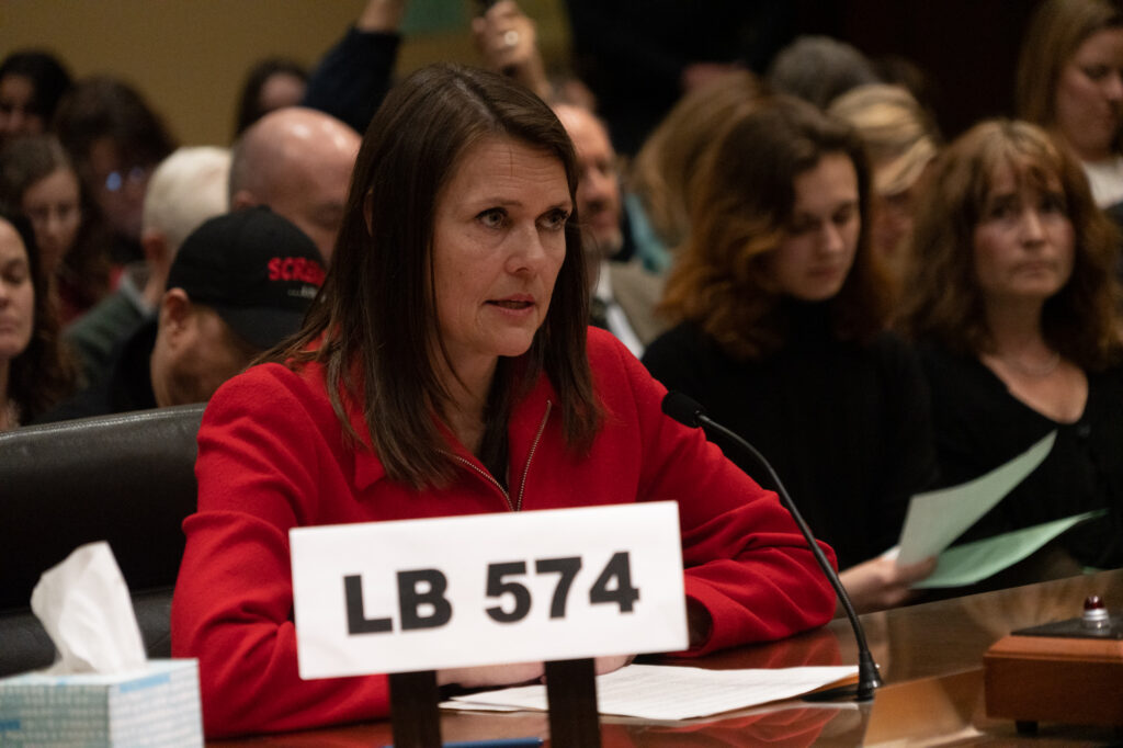 State Sen. Kathleen Kauth of Omaha introduces her bill to restrict gender-altering care to those older than 19. She appeared at a hearing on Wednesday, Feb. 8, 2023, in Lincoln, Neb.<br />(Zach Wendling / Nebraska Examiner)