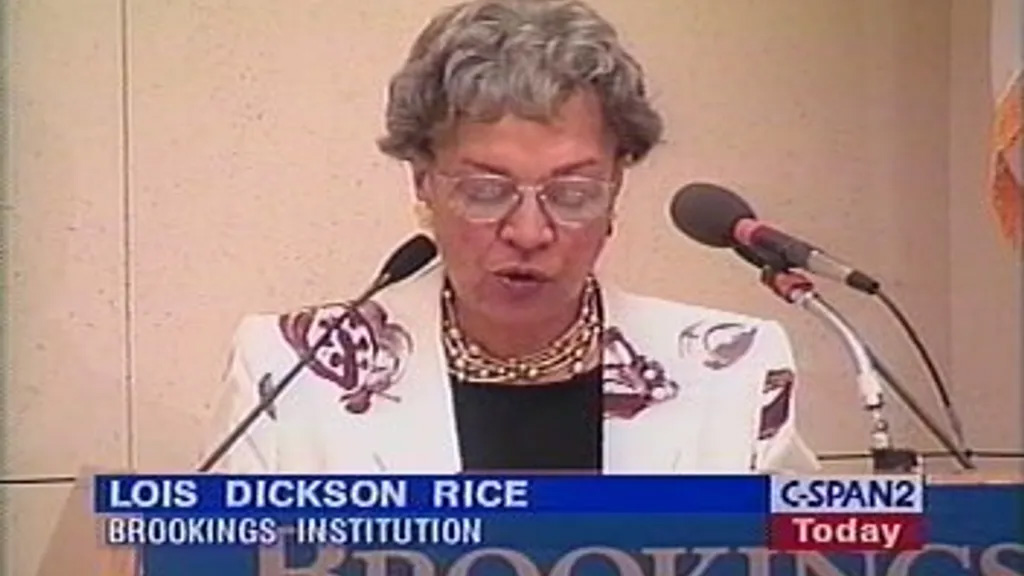 Rice speaks about various government and business programs to assist students in going to college in 1999. (C-SPAN2)