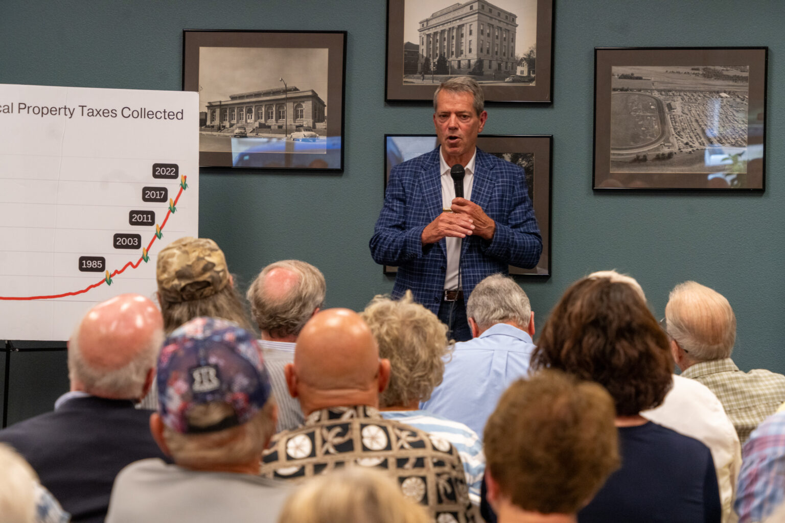 Gov. Jim Pillen leads a town hall on his property tax reform ideas in his hometown of Columbus at the Columbus Area Chamber of Commerce on Wednesday, June 26, 2024.<br />(Zach Wendling / Nebraska Examiner)