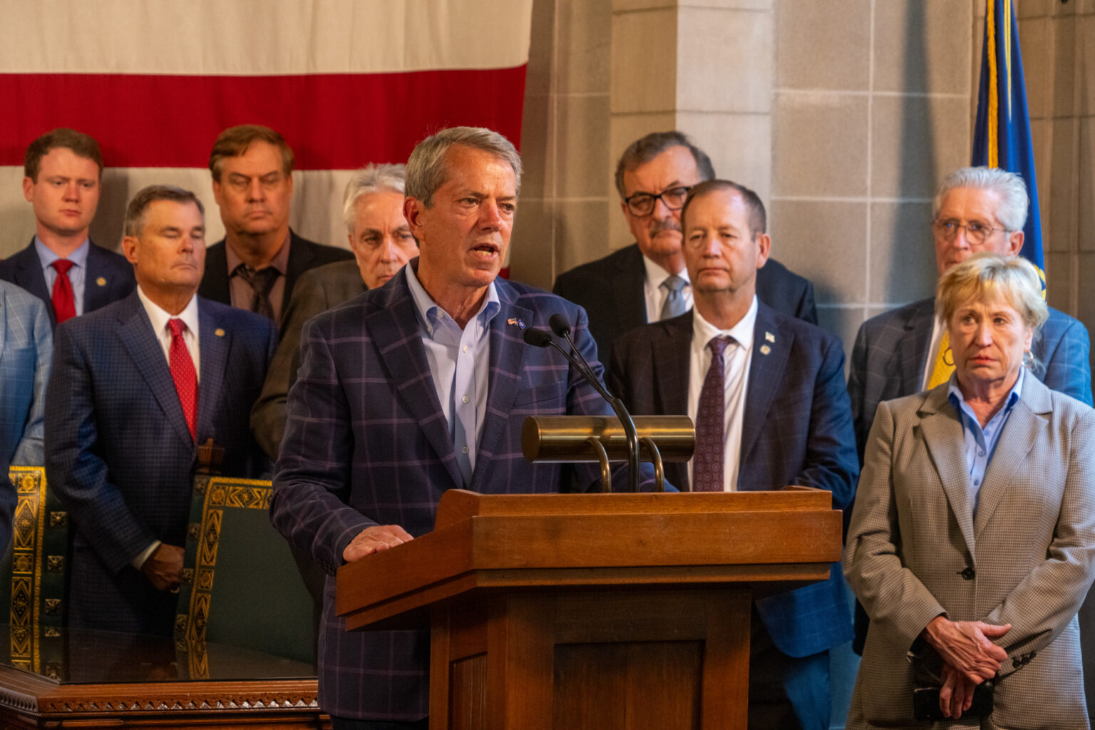 Gov. Jim Pillen hosted a news conference at the end of the Legislature’s special session to address property taxes that began almost one month prior, Aug. 20, 2024.<br />(Zach Wendling / Nebraska Examiner)