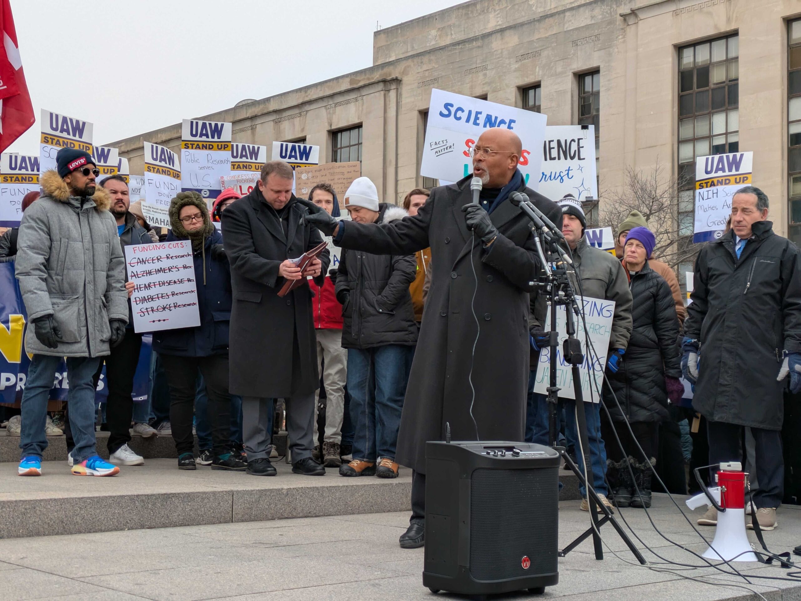 Democratic U.S. Rep. Glenn Ivey of Maryland speaks at a rally in support of federal workers outside the U.S. Department of Health and Human Services in Washington, D.C., on Feb. 19, 2025.<br />(Ashley Murray / States Newsroom)