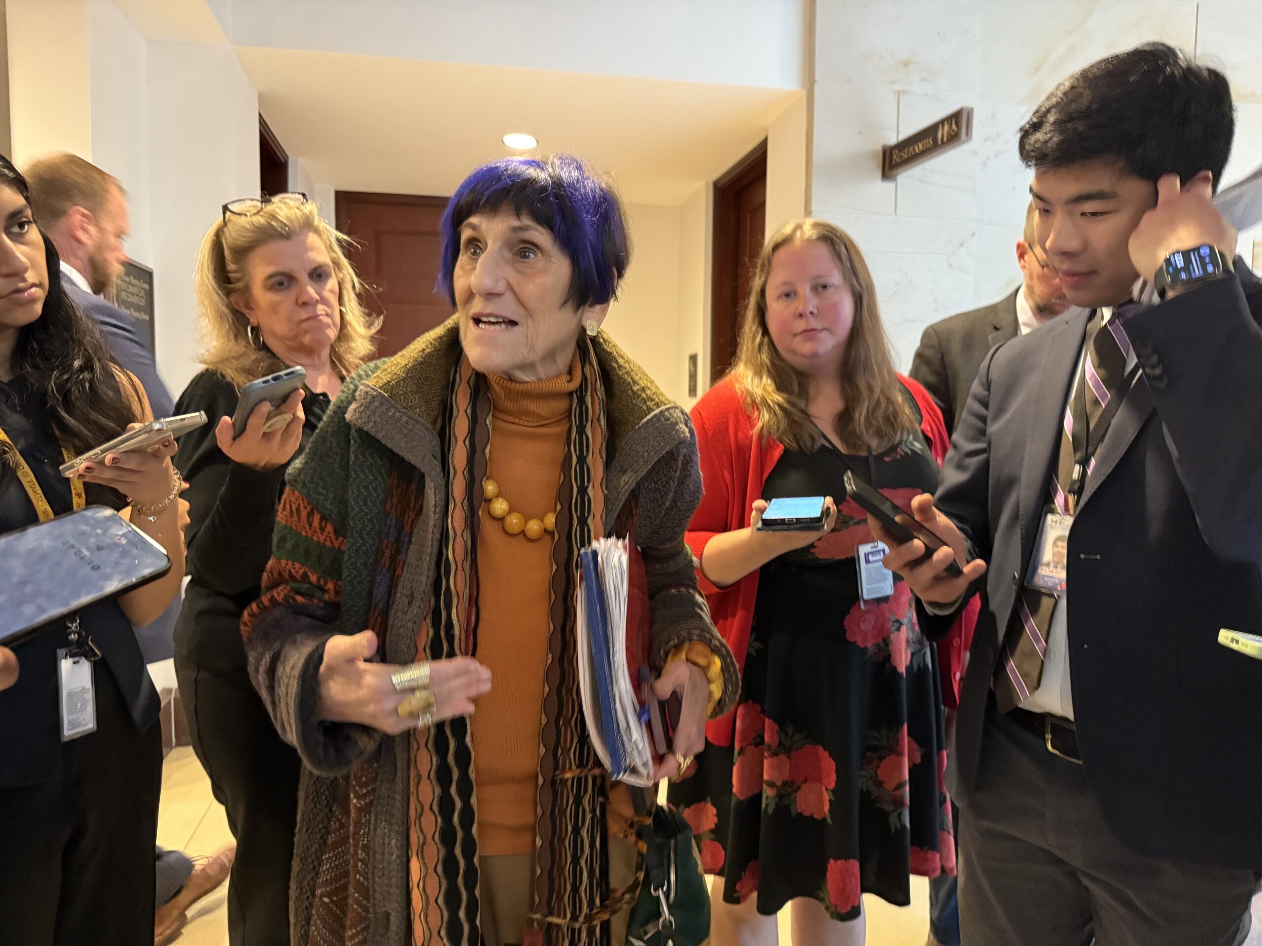 U.S. House Appropriations Committee ranking member Rosa DeLauro, D-Conn., speaks with reporters inside the Capitol building on Wednesday, Nov. 12, 2025.<br />(Jennifer Shutt / States Newsroom)