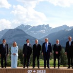 European Council President Antonio Costa (from left) Japan's Prime Minister Shigeru Ishiba, Italian Prime Minister Giorgia Meloni, French President Emmanuel Macron, Canada's Prime Minister Mark Carney, U.S. President Donald Trump, Britain's Prime Minister Keir Starmer, German Chancellor Friedrich Merz and European Commission President Ursula von der Leyen pose for a family photo during the G7 Summit, in Kananaskis, Alberta, Monday, June 16, 2025. 
(Suzanne Plunkett / Pool Photo via AP)