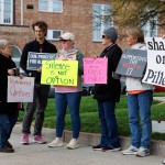 A group of demonstrators against using the McCook Work Ethic Camp prison as a federal detention center, hold signs outside the Red Willow County Courthouse in McCook, Neb., on Friday, Oct. 24, 2025.
(Nikos Frazier / Omaha World-Herald via AP)