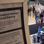 A sign for a food pantry for federal workers is seen as TSA agents check identification at a security checkpoint at Seattle-Tacoma International Airport, Thursday, Nov. 6, 2025, in SeaTac, Wash. 
(Lindsey Wasson / AP Photo)