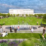 Rendering of fountain area of future Creighton University “quadrangle,” a project described as the largest physical reshaping of the campus in its 147-year history. 
(Courtesy of OJB)
