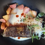 Crispy-skinned striped sea bass is served over a coconut ginger sauce and roasted radishes and potatoes finished with bean sprouts and a Sichuan peppercorn oil. 
(Sarah Baker Hansen / Flatwater Free Press)