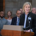 State Sen. Lynne Walz of Fremont, center, leads a news conference in the Nebraska Capitol Rotunda, March 16, 2022.
(Zach Wendling / Nebraska News Service)
