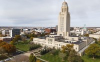 The Nebraska State Capitol is photographed by a drone on Wednesday, Oct. 26, 2022, in downtown Lincoln, Neb. A tax-increment financing bill spurred lively discussion in the legislature.  (Kenneth Ferriera / Lincoln Journal Star via AP)