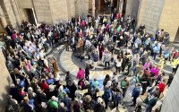 Hundreds of people crowded the Nebraska State Capitol Rotunda on Wednesday, Feb. 1, 2023, in Lincoln. Neb., to protest a so-called heartbeat bill that would outlaw abortion at a point before many women even know they’re pregnant. The bill, which was before the Legislature’s Health and Human Services Committee on Wednesday, would ban abortions once cardiac activity can be detected in a embryo, which is generally around the sixth week of pregnancy. (Margery A. Beck / AP Photo)