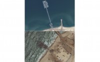 These images released by Maxar Technologies show the newly completed pier in the Gaza Strip on May 18, 2024, top, and the remaining section of the temporary pier on May 29, 2024. 
(Satellite images ©2024 Maxar Technologies via AP)