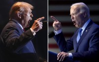 This combination of photos taken in Columbia, S.C. shows former President Donald Trump, left, on Feb. 24, 2024, and President Joe Biden on Jan. 27, 2024. 
(AP File Photos)