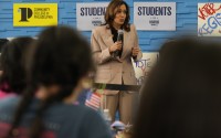 Democratic presidential nominee, Vice President Kamala Harris (center) speaking during an unscheduled stop to talk to student volunteers at Community College of Philadelphia, Tuesday, Sept. 17, 2024, in Philadelphia.
 (Jacquelyn Martin / AP Photo)