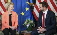 United States Vice-President JD Vance (right) meets with European Commission President Ursula von der Leyen during a bilateral meeting on the sidelines of the Artificial Intelligence Action Summit in Paris, Tuesday, Feb. 11, 2025. 
(Thomas Padilla / AP Photo)