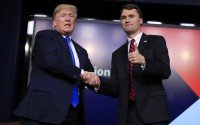 President Donald Trump shakes hands with moderator Charlie Kirk, during a Generation Next White House forum at the Eisenhower Executive Office Building on the White House complex in Washington, Thursday, March 22, 2018. 
(Manuel Balce Ceneta / AP Photo)