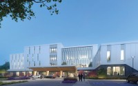 A nighttime rendering of the Behavioral Health & Wellness Center at Children’s Nebraska. The nonprofit Mental Health Innovation Foundation leads the project that will be operated by Children’s. Kiewit Building Group Inc. is the design-builder, with HDR as its design partner. 
(Courtesy of HDR)