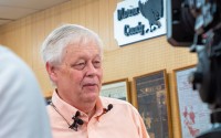 Marion County Record publisher and editor Eric Meyer talks to reporters during an Aug. 16, 2023, news conference at the newspaper office. 
(Kansas Reflector / Sherman Smith)