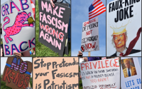 Signs being held at the ‘No Kings’ protest in Tom Hanafan River’s Edge Park on June 14, 2025.
(Carla Chance / The Daily Record)