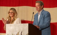Gov. Jim Pillen, at right, speaks next to Riley Gaines on Sunday, Aug. 27, 2023, in La Vista. 
(Zach Wendling / Nebraska Examiner)