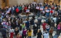Supporters gather at the Nebraska State Capitol for a rally urging state lawmakers to extend current income eligibility for child care subsidies, Jan. 8, 2026. 
(Zach Wendling / Nebraska Examiner)