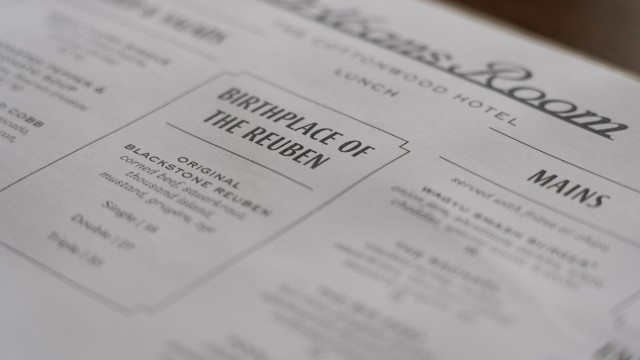 The Orleans Room in the Cottonwood Hotel bills itself as the “Birthplace of the Reuben” on the menu. 
(Lily Smith / Flatwater Free Press)