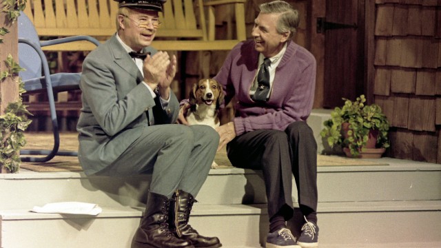 Fred Rogers (right) talks with David Newell, a.k.a. Speedy Delivery's Mr. McFeely, during a rehearsal for a segment of his television program "Mister Rogers' Neighborhood" in Pittsburgh on June 8, 1993. 
(Gene J. Puskar / AP Photo)
