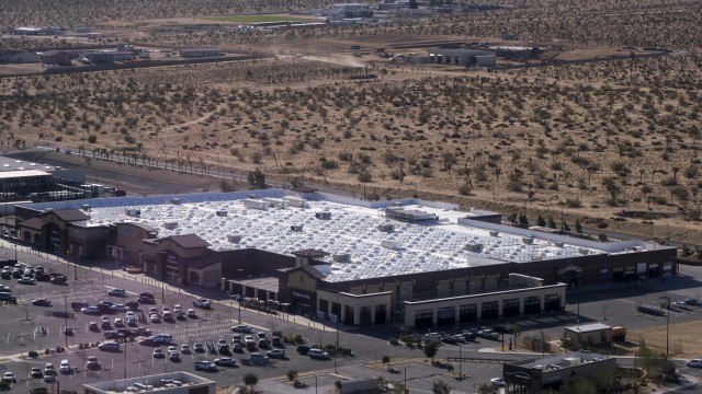 An aerial view of solar panels on the top of a Walmart store in Yucca Valley, Calif., Monday, April 5, 2021. 
(Ringo H.W. Chiu / AP Photo)