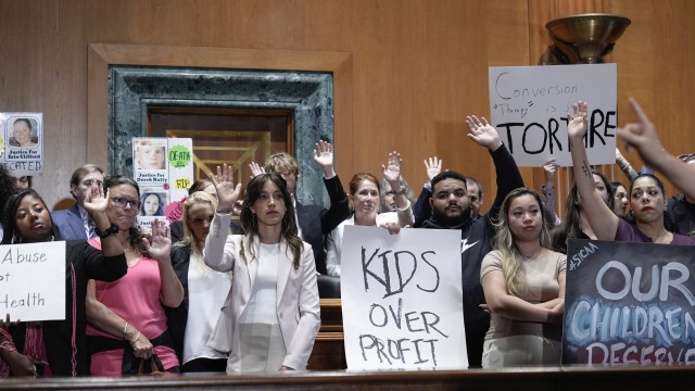 Victims and survivors of abused and neglected youth at residential treatment facilities (RTFs) and advocates, hold a news conference on the need for Congress to act to protect children and reform RTFs, Wednesday, June 12, 2024, on Capitol Hill in Washington. 
(Mariam Zuhaib / AP Photo)
