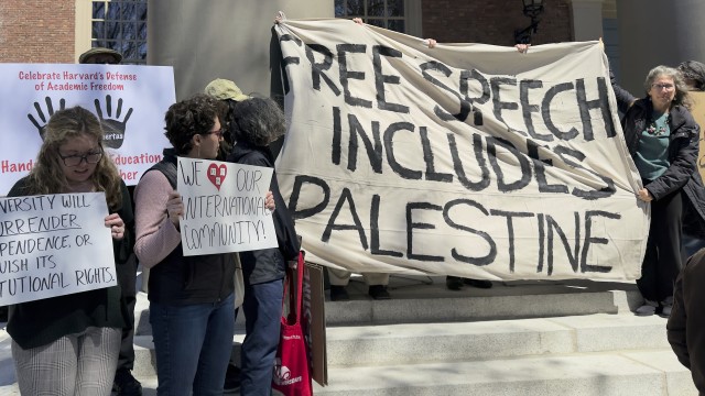 Students, faculty and members of the Harvard University community rally, Thursday, April 17, 2025, in Cambridge, Mass. 
(AP Photo)