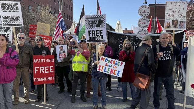 Protesters gather outside federal court ahead of a hearing for Mohsen Mahdawi, a Palestinian man arrested at a Vermont immigration office during an interview about finalizing his U.S. citizenship and a legal permanent resident who led protests against the war in Gaza at Columbia University, Wednesday, April 23, 2025 in Burlington, Vt. 
(Amanda Swinhart / AP Photo)