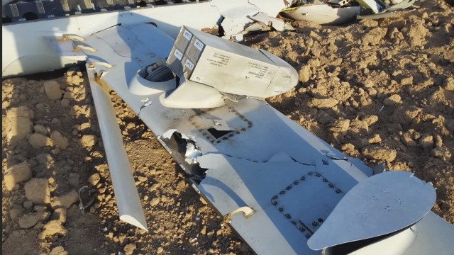 This picture released on Wednesday, June 18, 2025, by the Iranian armed forces claims to show an Israeli drone after being targeted in the central city of Isfahan area, Iran. 
(Iranian Armed Forces via AP)