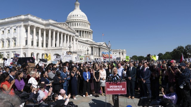 Rep. Marjorie Taylor Greene, R-Ga along with victims of Jeffrey Epstein and Ghislaine Maxwell's abuse, speaks during a news conference at the U.S. Capitol, Wednesday, Sept. 3, 2025, in Washington. 
(Jose Luis Magana / AP Photo)
