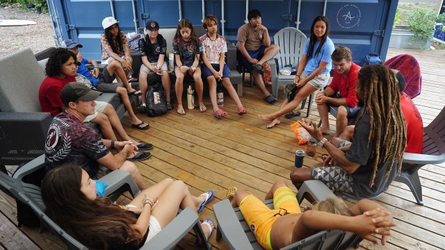 Maui Hero Project and with Kahākūkahi Ocean Academy members talk after their water academy day in Lahaina, Hawaii, on Tuesday, June 10, 2025. 
(Kevin Fujii / Honolulu Civil Beat via AP)