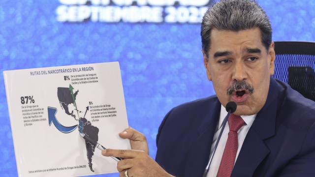 Venezuelan President Nicolas Maduro points at a map of the Americas during a press conference in Caracas, Venezuela, Monday, Sept 15, 2025. 
(Jesus Vargas / AP Photo)