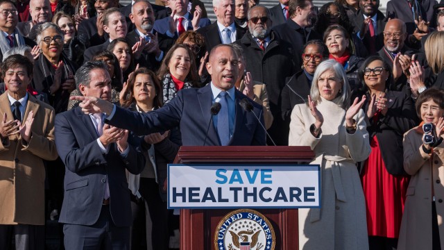 House Minority Leader Hakeem Jeffries, D-N.Y., joined by the Democratic Caucus, speaks to reporters as they call for a vote on an extension of Affordable Care Act subsidies, at the Capitol in Washington, Thursday, Dec. 18, 2025. 
(J. Scott Applewhite / AP Photo)
