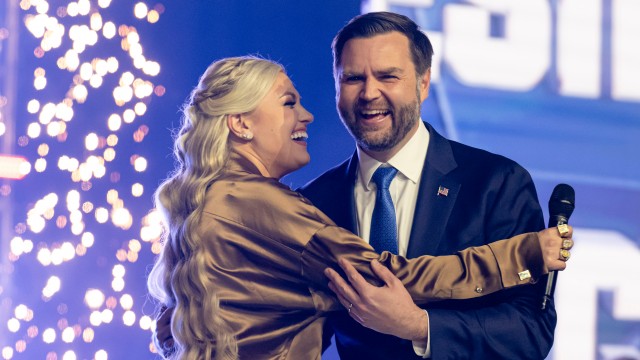 Erika Kirk greets Vice President JD Vance during Turning Point USA's AmericaFest 2025, Sunday, Dec. 21, 2025, in Phoenix, Az.
 (Jon Cherry / AP Photo)