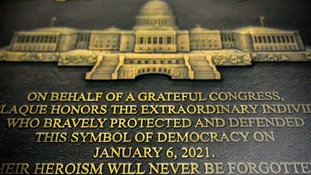 A replica plaque commemorating the Jan. 6, 2021 Capitol riot hangs outside the office of Speaker Emerita Nancy Pelosi, D-Calif., Tuesday, Dec. 30, 2025, at the Longworth House Office Building on Capitol Hill in Washington.
(Julia Demaree Nikhinson / AP Photo)