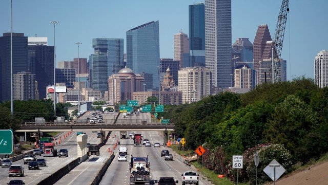Traffic moves along Interstate 10 near downtown Houston, April 30, 2020. 
(David J. Phillip / AP Photo)