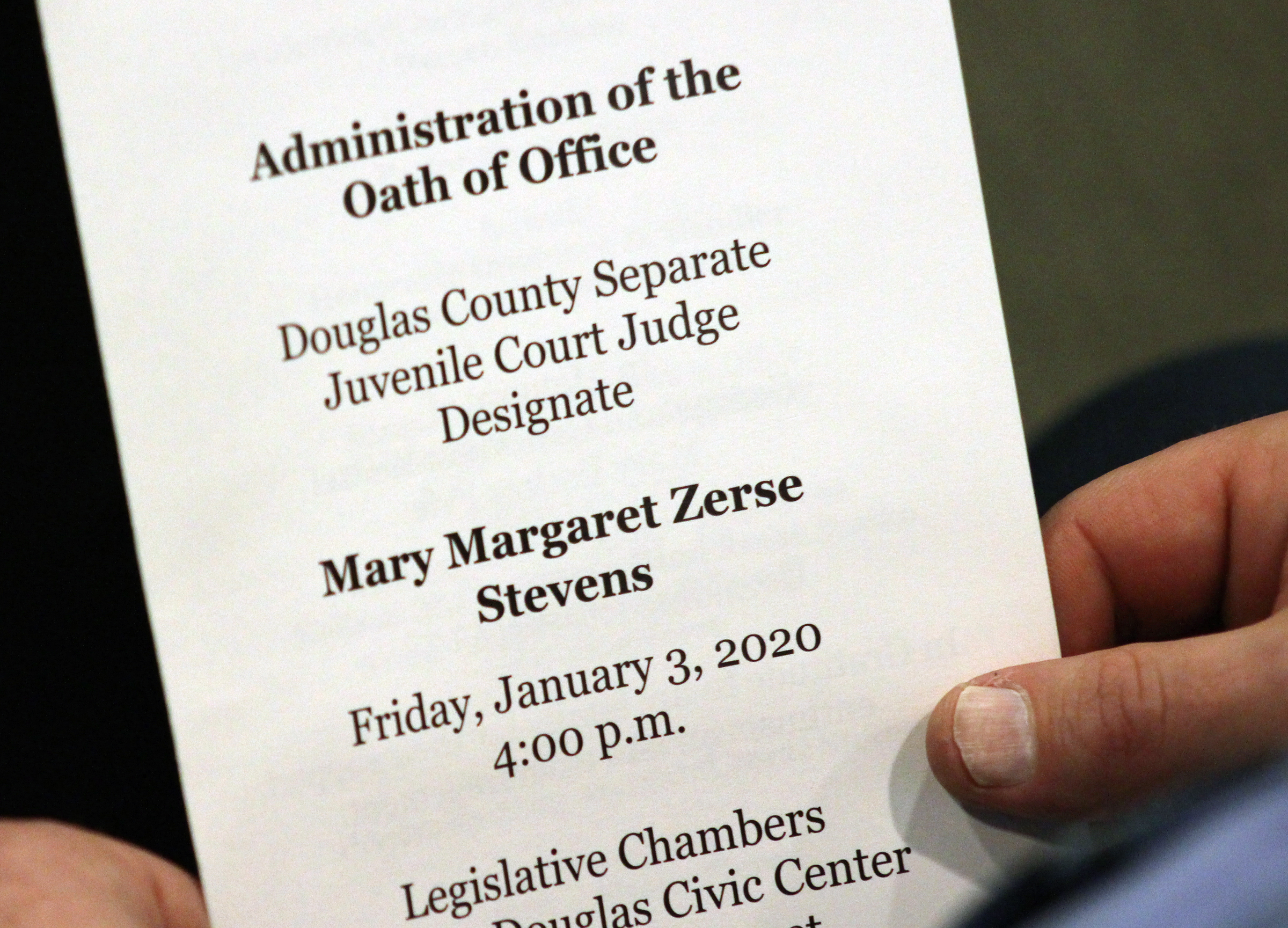 An investiture ceremony was held for Douglas County Juvenile Court Judge Mary “Peg” M.Z. Stevens in the Legislative Chambers of the Omaha-Douglas County Civic Center on Friday, Jan. 3, 2020. (Photo by Scott Stewart)