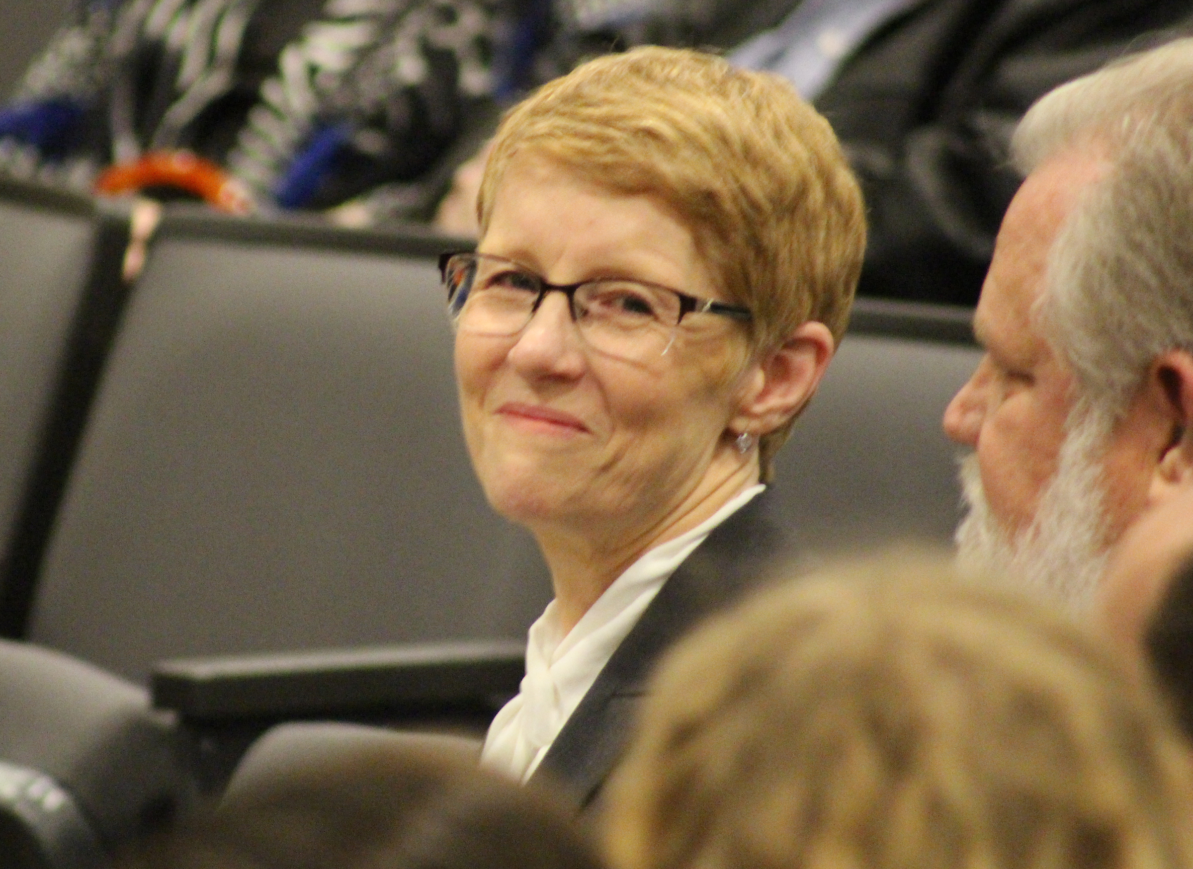 Mary “Peg” M.Z. Stevens smiles just prior to an investiture ceremony in the Legislative Chambers of the Omaha-Douglas County Civic Center on Friday, Jan. 3, 2020. (Photo by Scott Stewart)